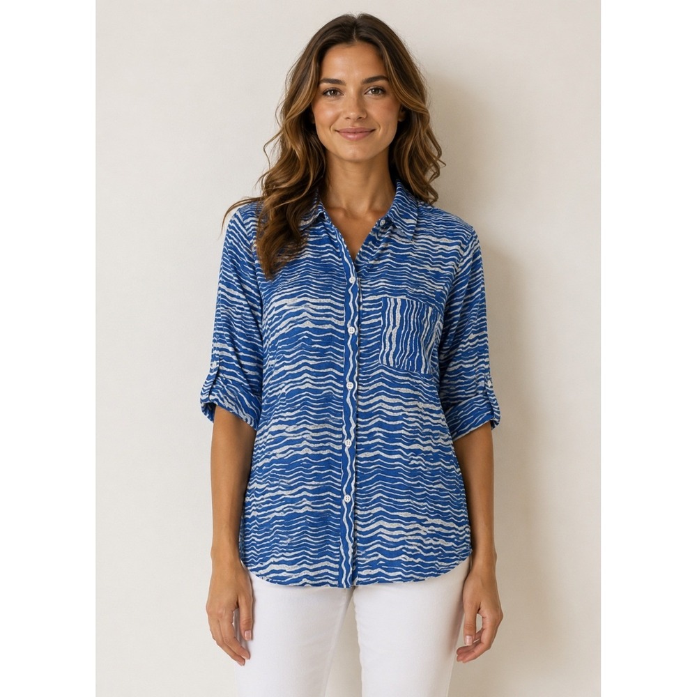 Foxcroft Blue White Striped Button Up Shirt Womens 6 Half Sleeve Work Office